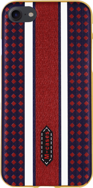 Apple iPhone 7 szilikon tok bőrhatású piros/fehér csíkkal középen arany kerettel