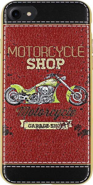 Apple iPhone 8 szilikon tok bőrhatású motorcycle shop mintás piros/fekete, arany kerettel