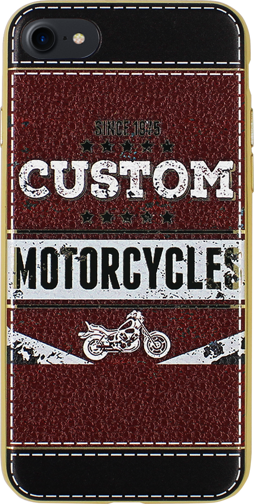 Apple iPhone 7 szilikon tok bőrhatású custom motorcycles mintás fehér/piros, arany kerettel