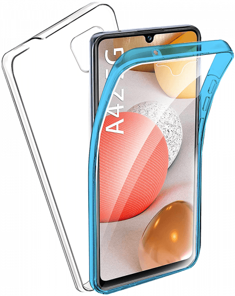 Samsung Galaxy A42 5G (SM-A426B) kemény hátlap szilikon előlap kék kerettel 360 ° védelem átlátszó