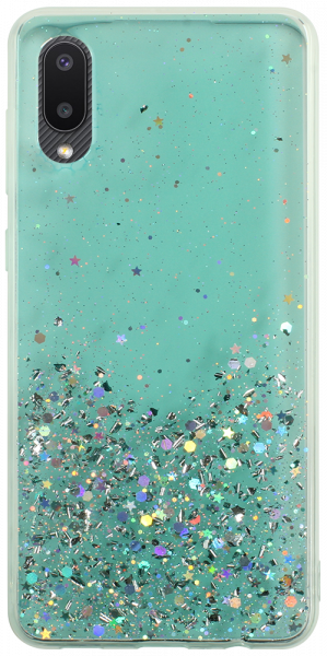 Samsung Galaxy A02 (SM-A022F) kemény hátlap szilikon kerettel flitteres átlátszó zöld