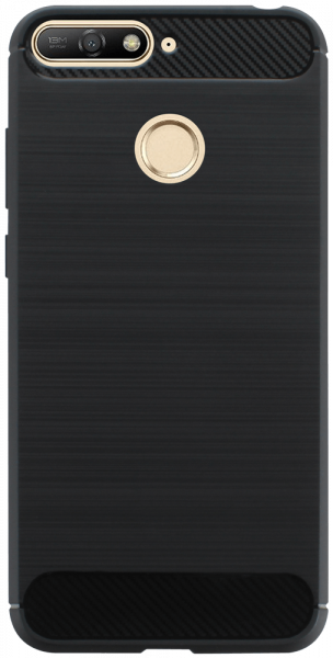 Huawei Y6 Prime 2018 ütésálló szilikon tok szálcsiszolt-karbon minta légpárnás sarok fekete