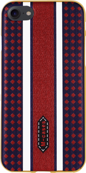 Apple iPhone SE (2022) szilikon tok bőrhatású piros/fehér csíkkal középen arany kerettel