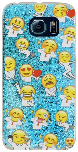 Samsung Galaxy S6 EDGE kemény hátlap emoji mintás csillogó flitterrel kék