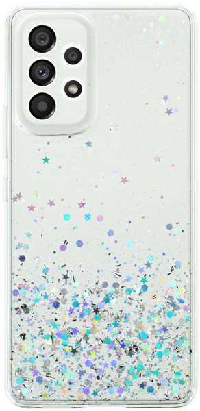 Samsung Galaxy A53 5G (SM-A5360) kemény hátlap szilikon kerettel flitteres kameravédővel átlátszó