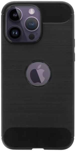 Apple iPhone 14 Pro Max ütésálló szilikon tok szálcsiszolt-karbon minta légpárnás sarok logó kihagyós fekete
