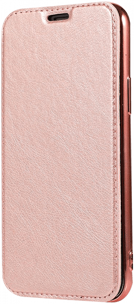 Samsung Galaxy S20 5G (SM-G981F) oldalra nyíló flipes bőrtok átlátszó szilikon hátlap, fémhatású keret rozéarany