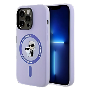 Eredeti KARL LAGERFELD szilikon tok iPhone 14 Pro készülékhez – MagSafe kompatibilis, Lila Body Ring dizájn