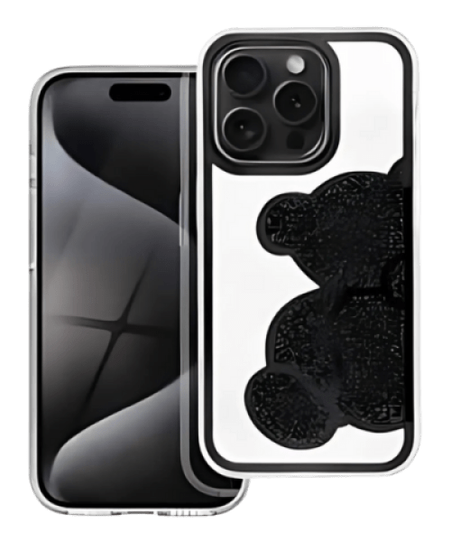 TEDDY BEAR Tok – iPhone 14 Pro-hoz, Fekete Csillogó Mackómintával: Stílus és Védelem Egyben